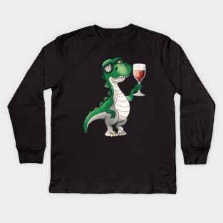 Vinosaur Wine Drinking T-Rex Wine Lover Kids Long Sleeve T-Shirt
